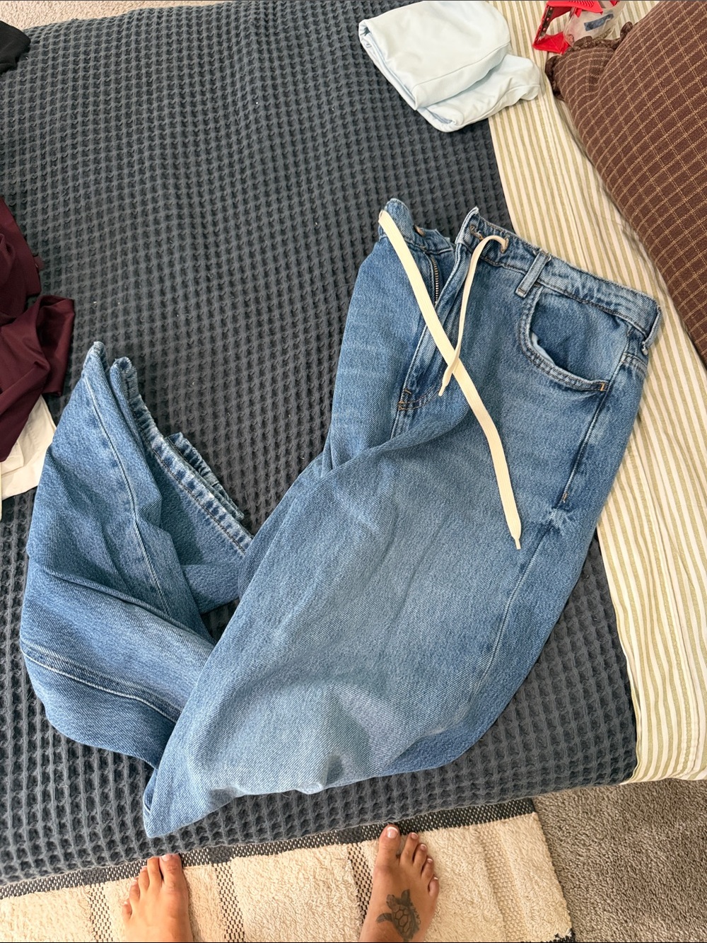 Zara Light Blue Boyfriend Jeans with Drawstring